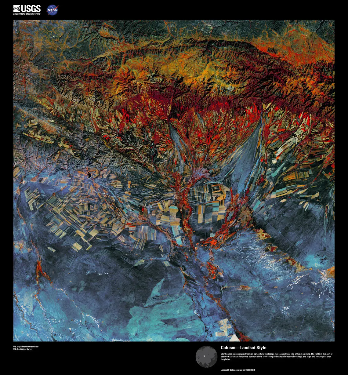 Қазақстанның шығысындағы егістік алқаптарының Landsat 8 жерсерігі түсірген шартты түстердегі көрінісі. Мұрағат, 9 қыркүйек 2013 жыл